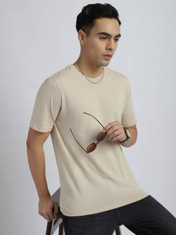 R&B - Men Beige Solid Crew Neck T-Shirt