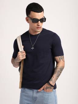 R&B - Men Navy Blue Solid Crew Neck T-Shirt