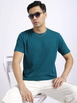 R&B - Men Teal Solid Crew Neck T-Shirt