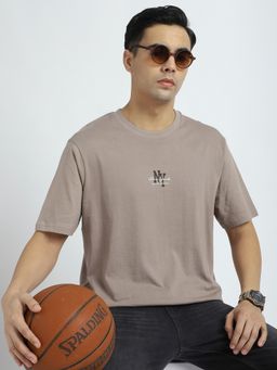 R&B - Men Taupe Crew Neck Solid Relaxed Fit T-Shirt