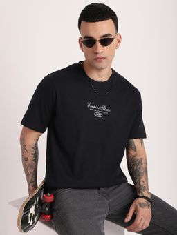 R&B - Men Black Crew Neck Typography Printed Relaxed Fit T-Shirt