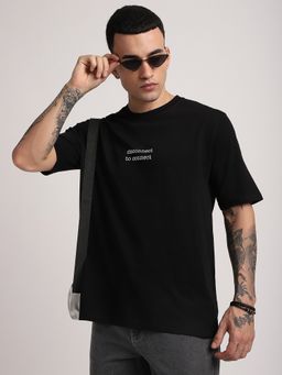 R&B - Men Black Crew Neck Typography Printed Relaxed Fit T-Shirt