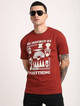 R&B - Men Brown Crew Neck Graphic Regular Fit T-Shirt