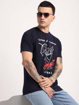 R&B - Men Navy Blue Crew Neck Graphic Regular Fit T-Shirt