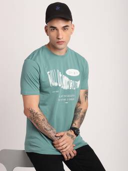 R&B - Men Green Crew Neck Typography Printed Regular Fit T-Shirt