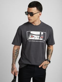 R&B - Men Grey Crew Neck Graphic Relaxed Fit T-Shirt