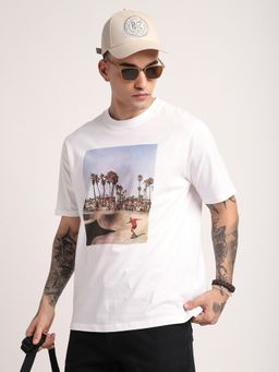 R&B - Men White Crew Neck Graphic Relaxed Fit T-Shirt