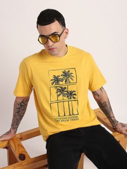 R&B - Men Yellow Crew Neck Graphic Relaxed Fit T-Shirt