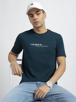 R&B - Men Indigo Crew Neck Typography Printed Regular Fit T-Shirt