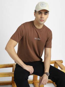 R&B - Men Brown Crew Neck Typography Printed Regular Fit T-Shirt