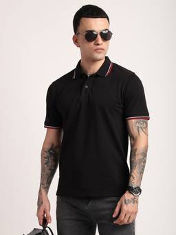 R&B - Men Black Solid Tipping Collar And Cuff - Dry Fit Polo T-Shirt