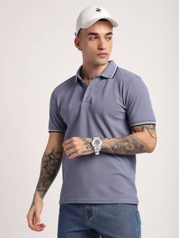R&B - Men Blue Solid Dam Embroidery- Dry Fit Polo T-Shirt