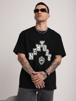 R&B - Men Black Young Front Typography Printed Loose Fit T-Shirt