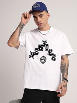 R&B - Men White Young Front Typography Printed Loose Fit T-Shirt