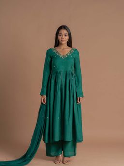 Meeshara - Green Embroidered Anarkali Kurta With Palazzo and Dupatta