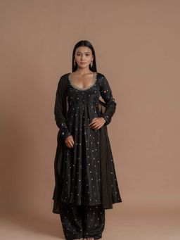Meeshara - Black Embellished Anarkali Kurta With Palazzo and Dupatta