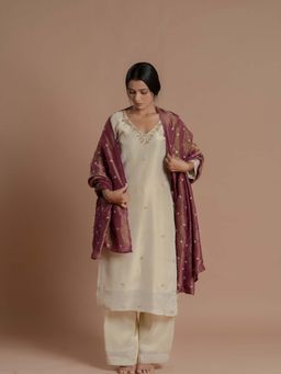 Meeshara - Beige Silk Embellished Kurta With Pant and Dupatta