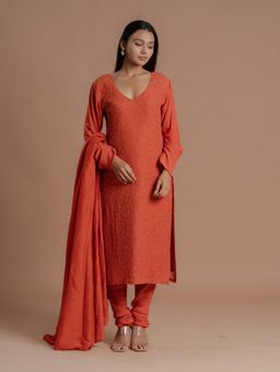 Meeshara - Rust Embroidered Kurta With Churidar and Dupatta