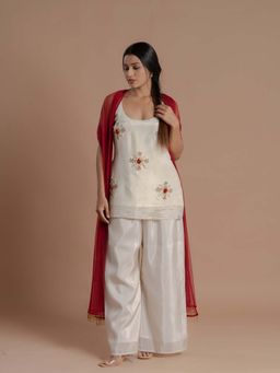 Meeshara - Off White Embellished Kurta With Palazzo and Dupatta