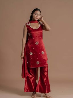 Meeshara - Red Embellished Kurta With Sharara and Dupatta