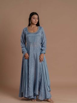 Meeshara - Blue Embellished Anarkali Kurta With Palazzo and Dupatta