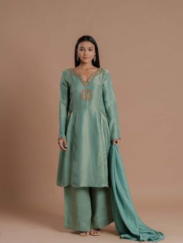 Meeshara - Green Embellished Kurta With Palazzo and Dupatta