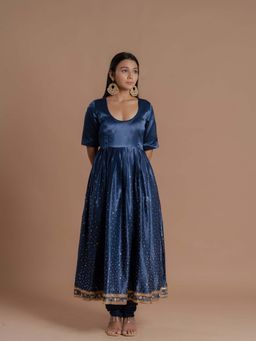 Meeshara - Blue Embroidered Anarkali Kurta With Pant and Dupatta