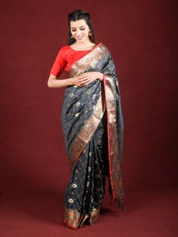 EXCLUSIVA - Grey Banarasi Blended Silk Woven Saree Zari Work with Unstitched Blouse