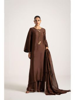 Khushboo & Pankaj - Chocolate Brown Pure Silk Kurta with Palazzo and Dupatta