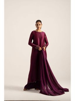 Khushboo & Pankaj - Wine Pure Silk Kurta with Palazzo and Dupatta