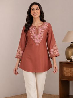 QAZMI - Brown Women Aari Embroidered Viscose Rayon A-Line Short Kurti