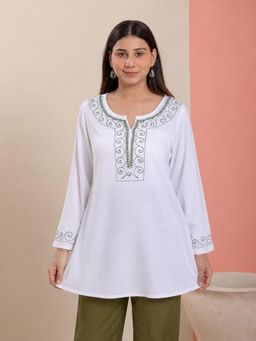 QAZMI - White Women Aari Embroidered Viscose Rayon A-Line Short Kurti With Full Sleeves