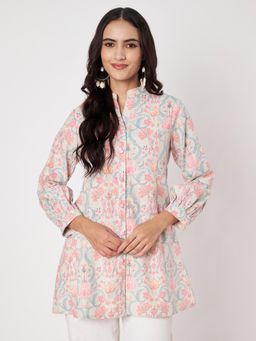 SILCHIC - Off White Women Floral Printed Mandarin Collar Tunic