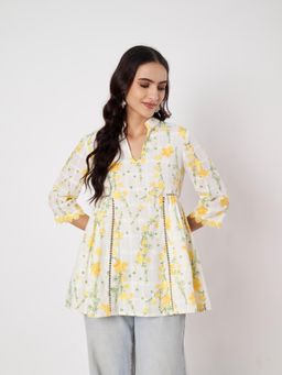 SILCHIC - White Women Floral Printed V Neck Mandarin Collar Tunic