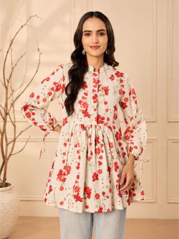 SILCHIC - White Women Floral Printed Tunic with Ballon Sleeves