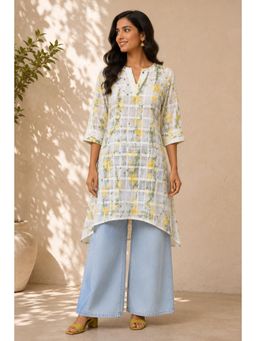 SILCHIC - White Women Puff Sleeves Round Neck With Notch Style Cotton Kurta