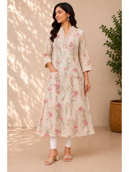 SILCHIC - Cream Women V-Neck With Pintucks Anarkali Style Front Pocket Cotton Kurta