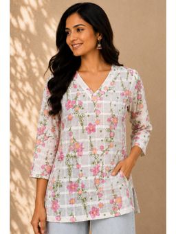 SILCHIC - White Women V-Neck 3/4 Sleeves Floral Short Kurti