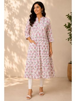 SILCHIC - White Women V-Neck With Pintucks Anarkali Style Front Pocket Cotton Kurta