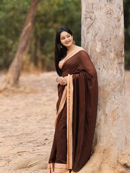 Aparna - Dark Brown With Cream Boder Solid Cotton Saree For Women