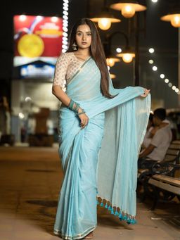 Aparna - Sky Blue With Golden Boder Premium Mul Cotton Saree