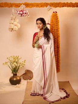 Aparna - Pure White Soft Mul Cotton Saree With Maroon Heart Border For Women