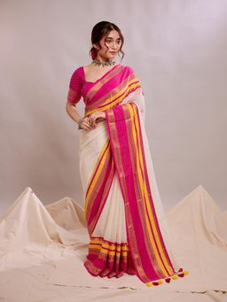 Aparna - Off White Cotton Saree With Pink Yellow Woven Border For Women