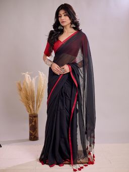 Aparna - Black Soft Mul Cotton Saree With Red Border And Tassel Pallu For Women