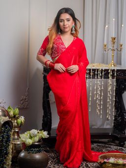 Aparna - Bright Red Solid Chiffon Saree With Mirror Sequin Embellished Blouse For Women