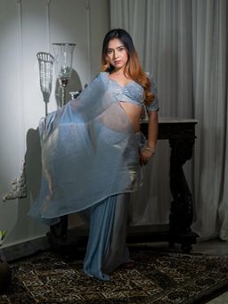 Aparna - Powder Blue Solid Chiffon Saree With Silver Sequin Embellished Blouse For Women