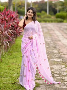 Aparna - Pink Pure Cotton Saree With Sequin Rose Butti And Tassel Pallu