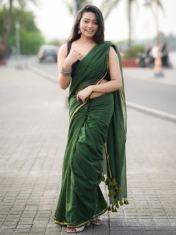 Aparna - Bottle Green Pure Cotton Saree With Gold Zari Border And Tassel Pallu