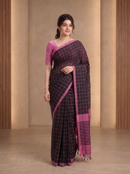 Aparna - Black Pure Cotton Saree With Pink Checks And Striped Pallu