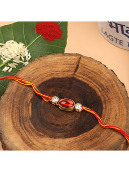 Accessher - Traditional Delicate Ruby & Rhinestones Embellished Rakhi with Roli, Rice & Card